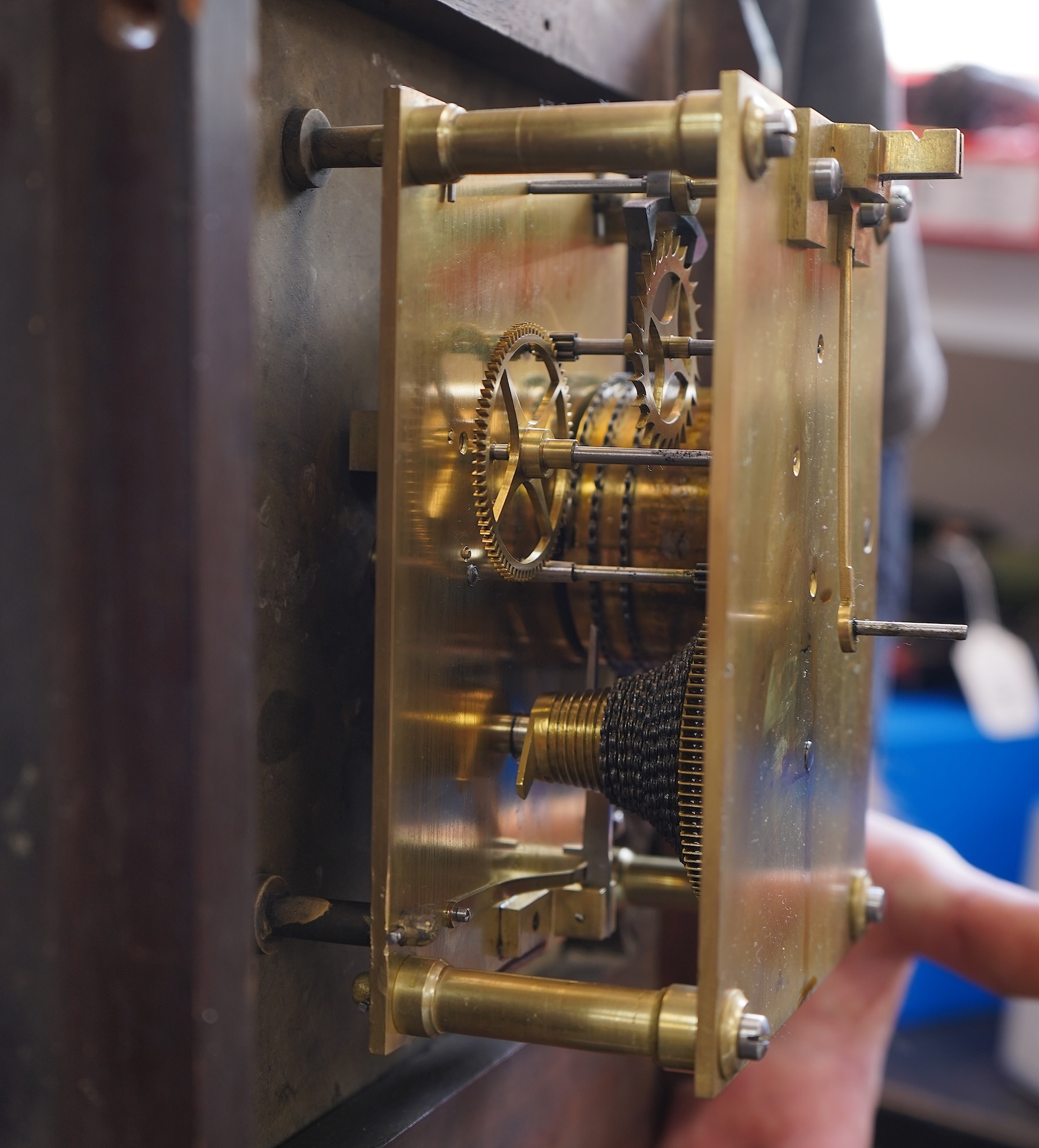 A GWR drop dial railway wall timepiece with fusee movement in a mahogany case, painted 12” dial with ‘shirt button’ GWR monogram and an ivorine plaque pinned to the lower left side of the case engraved with ‘GWR 3746’